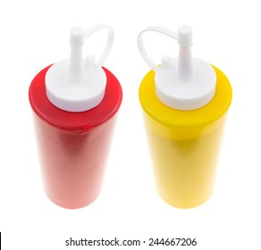 A Bottle Of Ketchup And Mustard On A White Background.