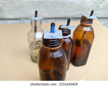 Bottle Lamp, Using A Small Used Bottle With A Wick With Kerosene Fuel