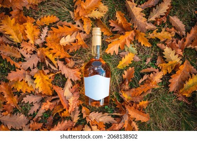 Bottle Laying Down On Yellow Leaves In The Autumn.