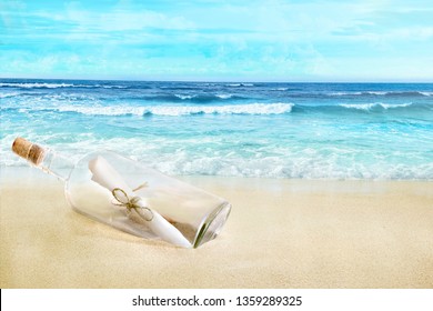 A bottle with a letter inside. Sandy beach. - Shutterstock ID 1359289325