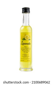 Bottle Of Limoncello Liquor, Made In Italy On White, Isolated. Krasnoyarsk, Russia - 24 December 2021