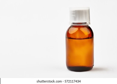 Bottle With Liquid Medicine. Transparent Brown Vial With Lid. Stop Your Cold Today.