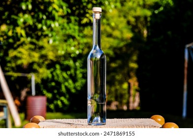 A bottle of liquor is sitting on a table in a backyard. The bottle is clear and has a cork stopper. The scene is peaceful and relaxing, with the bottle being the only object in the image - Powered by Shutterstock