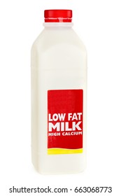 Bottle Of Low Fat Milk, Isolated On White.  Red Cap And Label.