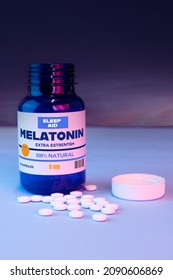 Bottle With Melatonin Pills, Food Supplements, Medicine