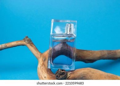 A Bottle Of Men's Cologne On A Branch On A Blue Background. Men's Perfume