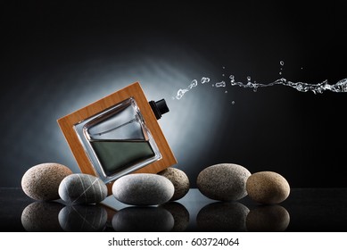 A Bottle Of Men's Cologne On A Dark Background. The Is A Men's Fragrance.