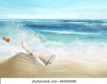 Bottle with a message on the beach. - Shutterstock ID 443569348
