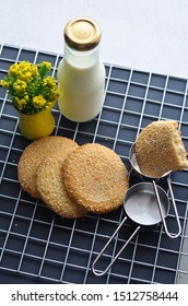 A Bottle Of Milk And Low Calories Sesame Biscuits : Healthy Lifestyle Concept (selective Focus Image)