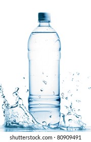 Bottle Of Mineral Water Is Standing In Splashing Water, Cut Out From White