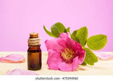 A Bottle Of Natural Wild Rose Oil And Fresh Rose Flower On Pink Background - Aromatherapy And Organic Skincare Concept