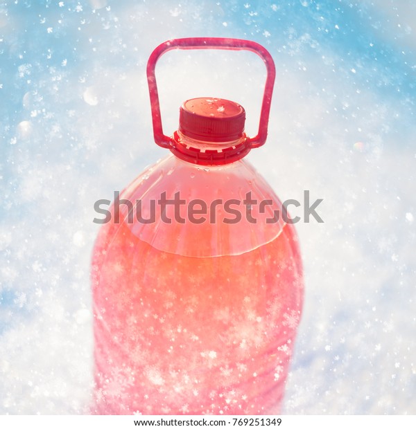 bottle with non-freezing windshield washer\
fluid, snowflakes\
background