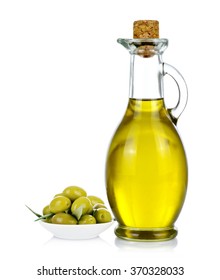 Bottle of olive oil with olives on white background.