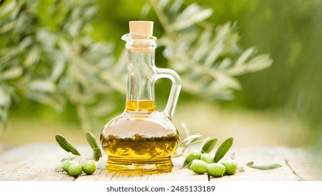 A bottle of olive oil on wooden table - Powered by Shutterstock