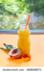 Bottle Of Peach Nectar, Fresh Peach Juice, Top View, Copy Space, Cold Juice