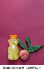 Bottle Of Peach Nectar, Fresh Peach Juice, Top View, Copy Space, Cold Juice