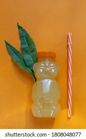 Bottle Of Peach Nectar, Fresh Peach Juice, Top View, Copy Space, Cold Juice