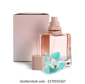 Bottle of perfume and orchid flower on white background