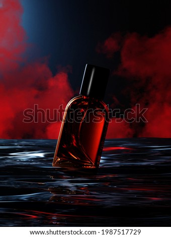 A bottle of perfume standing on the water against a background of red smoke. Realistic 3d mockup. Advertising photo.
