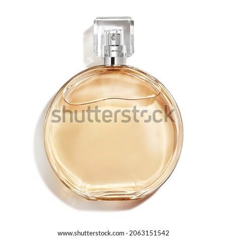 A Bottle of Perfume. Women's Eau De Parfum in Beautiful Rose Gold Bottle Isolated on White. Floral Fruity Fragrance for Women. Perfume Spray. Modern Luxury Lady Parfum De Toilette