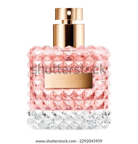 A Bottle of Perfume. Women's Eau De Parfum in Beautiful Pink Rose and Gold Bottle Isolated on White. Floral Fruity Fragrance for Women. Perfume Spray. Modern Luxury Lady Parfum De Toilette Сток-фото © 
