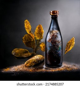 bottle with plants around, recycling, green thinking, 3D. Autumn, medication label.  - Shutterstock ID 2174885207