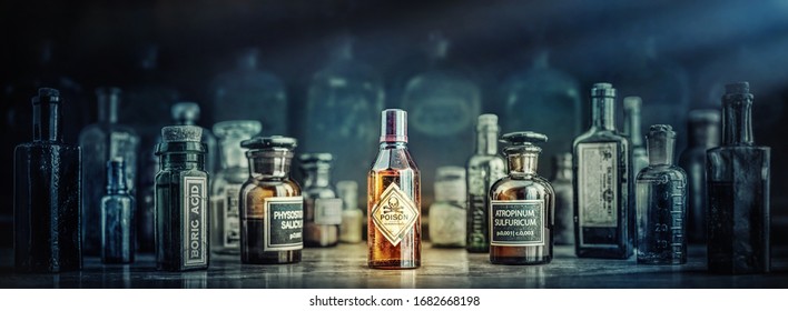 A bottle of poison on a background of old medical, chemistry and pharmacy glass. Chemistry and pharmacy history panoramic concept background. Retro style.