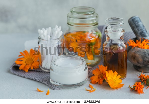 A bottle of pot marigold tincture or infusion,
ointment, cream or balm with fresh and dry calendula flowers and
cotton pad and sticks on white background. Natural herbal
alternative medicine