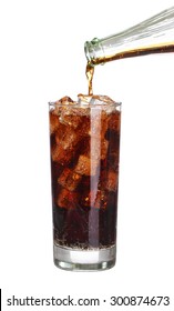 Bottle Pouring Coke In Drink Glass With Ice Cubes Isolated On White Background