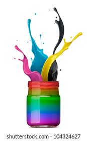 Bottle Of Rainbow Color Ink With Cmyk Splash