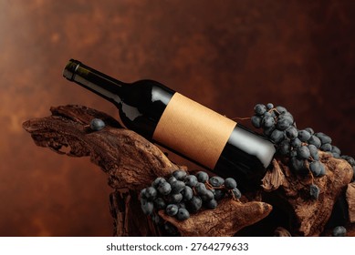 Bottle of red wine with empty label. Unopened bottle of red wine, blue grapes, and old weathered snag. Frontal view with copy space.