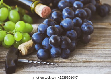 Bottle of red wine, grapes and wine traffic jams on a wooden surface - Powered by Shutterstock