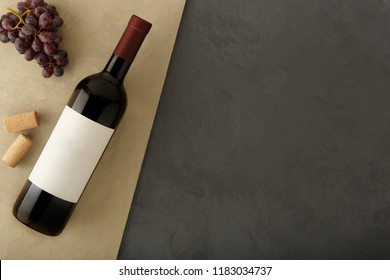 Bottle Of Red Wine With Label. Glass Of Wine And Cork. Wine Bottle Mockup. Top View.
