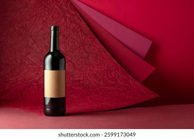 Botella de vino tinto sobre fondo rojo. En una botella vieja etiqueta vacía. Copia el espacio para el texto.