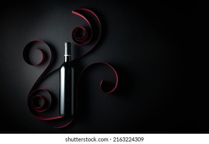 Bottle Of Red Wine On A Black Background. Top View.