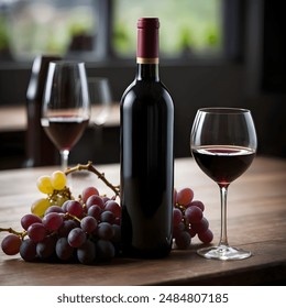 A bottle of red wine sits on a wooden table accompanied by a bunch of grapes and two glasses partially filled, suggesting a serene and elegant ambiance. - Powered by Shutterstock