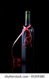 Bottle Of Red Wine Wrapped In A Red Ribbon, Valentines Day Gift