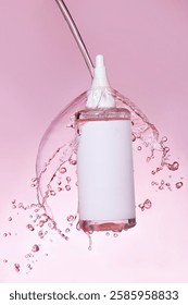 Bottle of refreshing face toner with splashes of water. Moisturizing, lightweight and cleansing formula for smooth and radiant skin. Perfect for beauty, skincare and daily facial routines.