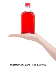 Bottle Rosehip Syrup In Hand On White Background Isolation