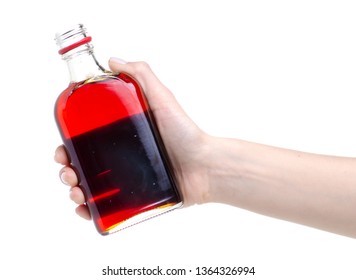 Bottle Rosehip Syrup In Hand On White Background Isolation