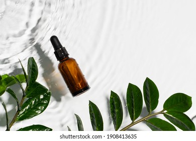 Bottle Serum, Oil Cosmetic In Clean Transparent Water With Green Leaf, Sunlight On White Background, Flat Lay, Top View, Copy Space