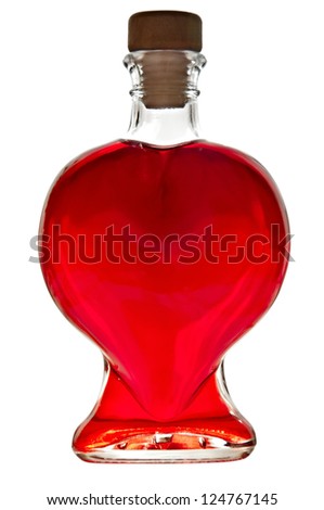 Bottle in the shape of a heart with red liquid isolated on white background.