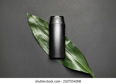 Bottle of shower gel and green leaf on dark background