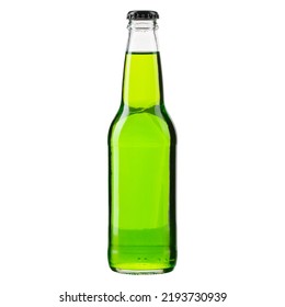 Bottle Of Soda. Glass Bottle Of Cold Green Drink. Non Alcohol Soft Drink. Glass Bottle Without Label Good For Mockup. Non Caffeine Drink. High Quality And Resolution Photo. Isolated White Background