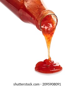 Bottle With Spilled Chili Sauce On White Background