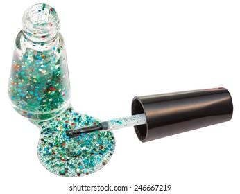 Bottle With Spilled Multicolored Glitter Nail Polish Isolated On White Background