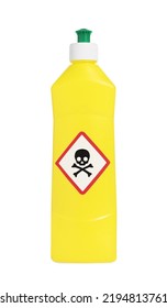 Bottle Of Toxic Household Chemical With Warning Sign Isolated On White