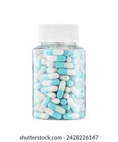 Bottle transparent with blue white pills capsules isolated on white background. Nutritional Supplements, Vitamins, multivitamins, Calcium, antibiotics.