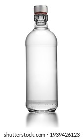Bottle of transparent glass, with gin, rum or vodka, isolated on white background.