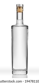 Bottle of transparent glass, with gin, tequila, rum or vodka, isolated on pure white background.